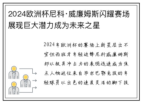 2024欧洲杯尼科·威廉姆斯闪耀赛场展现巨大潜力成为未来之星